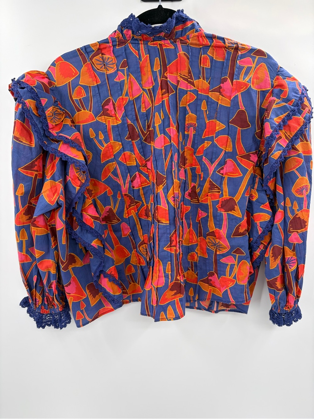 Farm Rio bohemian boho bright blue mushroom sketch button ruffle blouse size xl - Picture 9 of 15